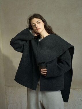 HEMI BLURR Sheep Camel Hair Wool Brushed Gray Scarf Coat Size Medium NWOT